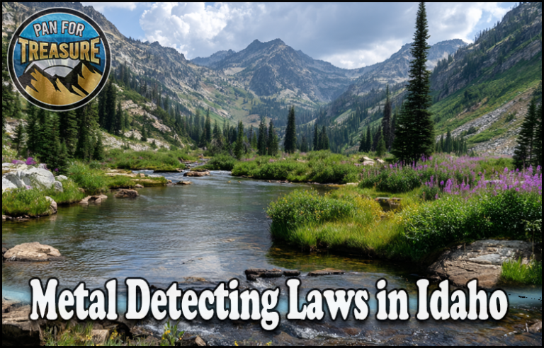 A clear mountain stream winds through a green valley with wildflowers and pines; "Metal Detecting Laws in Idaho" appears as text, emphasizing local regulations, with the "Pan For Treasure" logo in the corner.