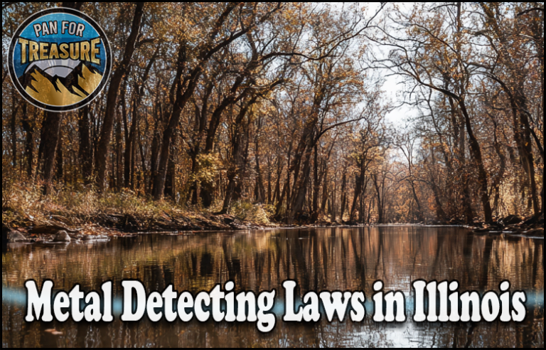 A wooded river scene features the text “Metal Detecting Laws in Illinois,” with a circular “Pan for Treasure” logo in the top left corner, drawing attention to responsible metal detecting practices in scenic Illinois locations.