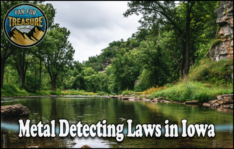 A clear, shallow river flows through a green, tree-lined landscape. Text reads: "Explore Metal Detecting Laws in Iowa" with a "Pan For Treasure" logo in the corner.