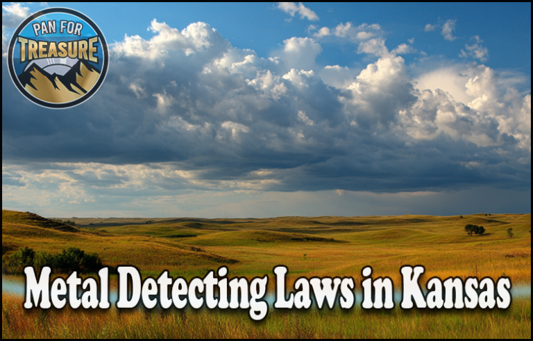 A scenic Kansas prairie landscape under a cloudy sky features the text "Metal Detecting Laws in Kansas" along with a "Pan for Treasure" logo, capturing the essence of treasure hunting while informing about metal detecting regulations.