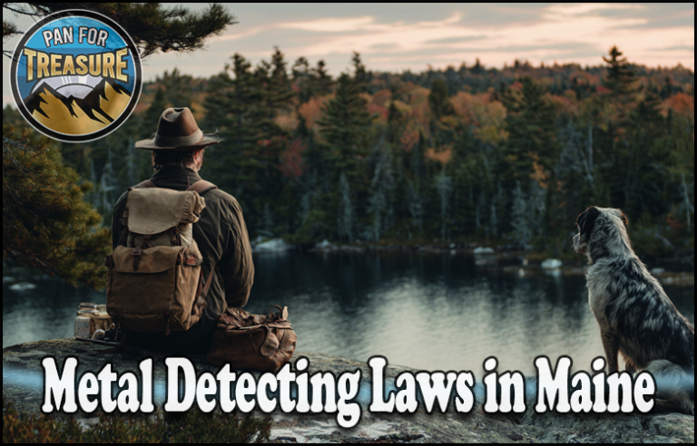 A person with a backpack and a dog sit by a lake surrounded by trees. The text "Metal Detecting Laws in Maine" highlights tips for treasure hunters, with a round "Pan for Treasure" logo in the corner.