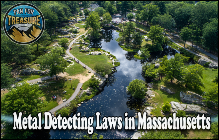 Aerial view of a park with water, trees, and walking paths; text reads "Explore Metal Detecting Laws in Massachusetts and important Massachusetts artifacts laws.