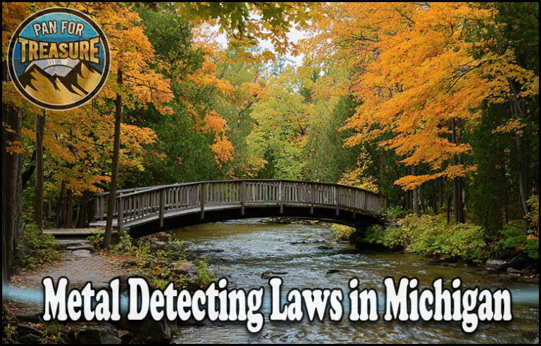 A wooden footbridge crosses a stream surrounded by autumn trees; text reads "Metal Detecting Laws in Michigan" to highlight Michigan metal detecting legislation, with a "Pan for Treasure" logo in the corner.