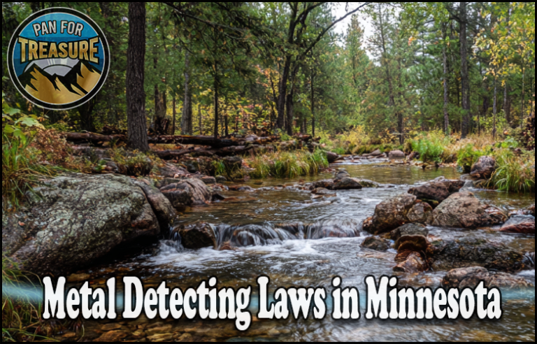 A forest creek scene with rocks and trees; overlay text reads "Metal Detecting Laws in Minnesota" with a "Pan For Treasure" logo in the top left, highlighting important MN metal detecting laws for enthusiasts.