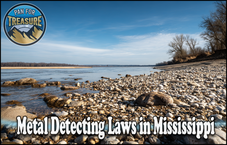Rocky riverbank under a blue sky with trees along the shore; text reads "Metal Detecting Laws in Mississippi," highlighting metal detecting guidelines, and a "Pan for Treasure" logo is in the top left corner.