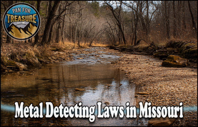 A shallow creek winds through autumn woods, featuring the text "Metal Detecting Laws in Missouri" and a "Pan for Treasure" logo in the top left, highlighting Missouri metal detecting laws for enthusiasts.