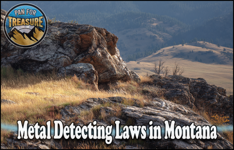 Rocky landscape with grass and hills under a partly cloudy sky, featuring the text "Metal Detecting Laws in Montana," highlighting Montana metal detecting rules and a "Pan for Treasure" logo.