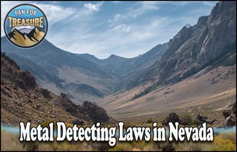 A mountainous landscape under a blue sky with text reading "Metal Detecting Laws in Nevada," highlighting Nevada metal detecting restrictions and featuring a "Pan for Treasure" logo in the top left corner.