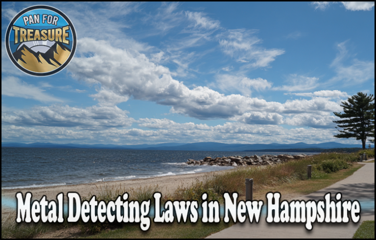A lakeside walkway under a blue sky with clouds, pine trees, and mountains, with text: "New Hampshire Treasure Hunting Laws and Metal Detecting Guidelines." Pan For Treasure logo in upper left corner.