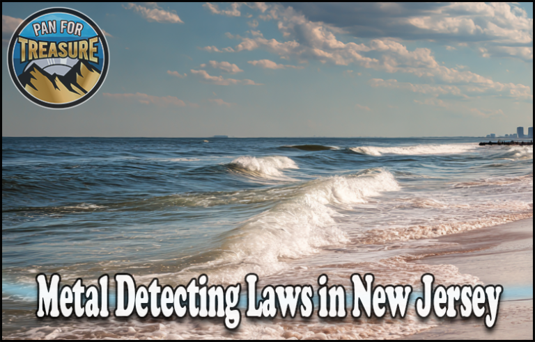 A beach with waves under a partly cloudy sky, featuring the text "Metal Detecting Laws in New Jersey" and a "Pan for Treasure" logo in the corner, highlights essential NJ metal detecting guidelines for enthusiasts.