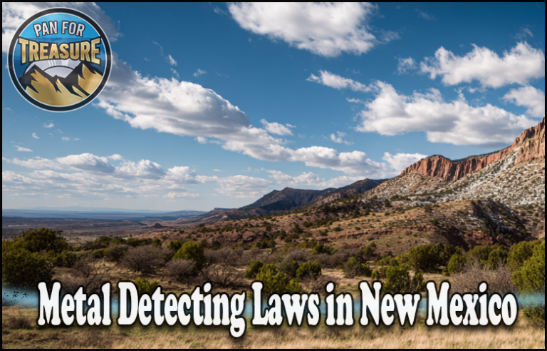 A scenic landscape of New Mexico with hills and vegetation, featuring the text "Metal Detecting Laws in New Mexico" and a "Pan For Treasure" logo in the corner, highlights key New Mexico metal detecting regulations for hobbyists.