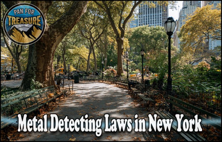 A park walkway in New York with benches and trees; text reads "NY Metal Detecting Laws and Permits" with a "Pan for Treasure" logo. Learn about metal detecting zones New York enthusiasts should know.