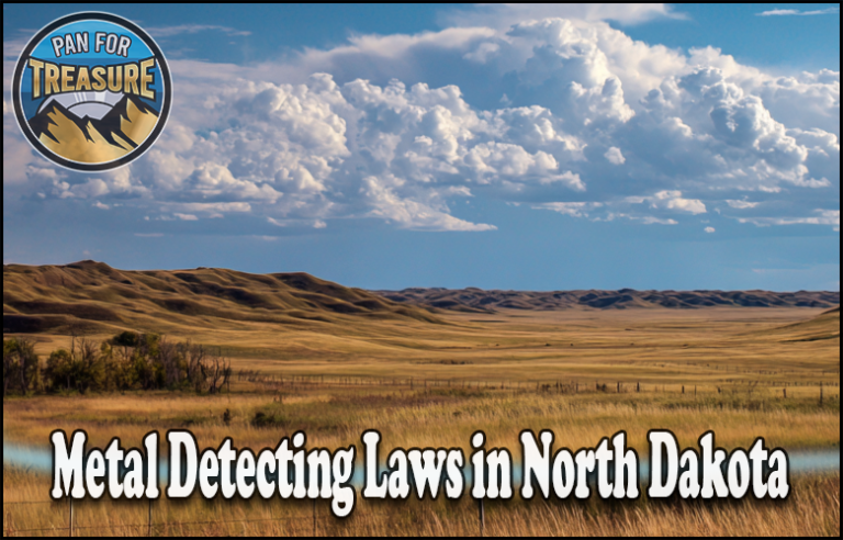 A wide open grassy landscape under a cloudy sky, featuring the text "Metal Detecting Laws in North Dakota," highlights important metal detecting rules in North Dakota, with a "Pan For Treasure" logo in the corner.