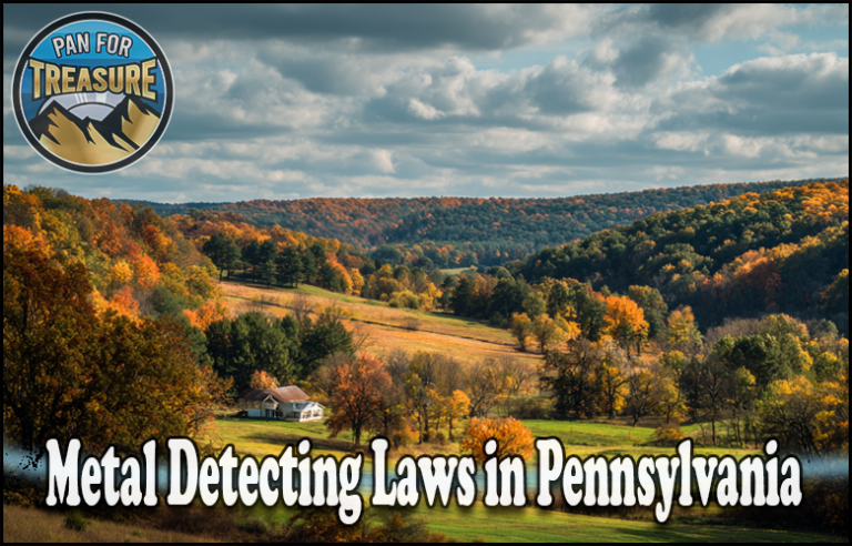 A rural Pennsylvania landscape in autumn with a house, rolling hills, and colorful trees; text reads "PA Metal Detecting Regulations" highlighting important Pennsylvania metal detecting rules.