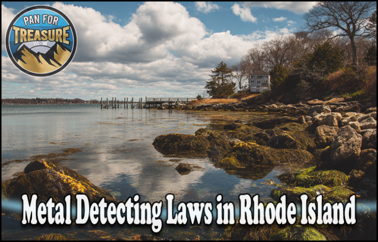 Rocky shoreline in Rhode Island with a house, dock, and trees under a partly cloudy sky. Text reads: "Rhode Island metal detecting restrictions." Pan for Treasure logo in corner.