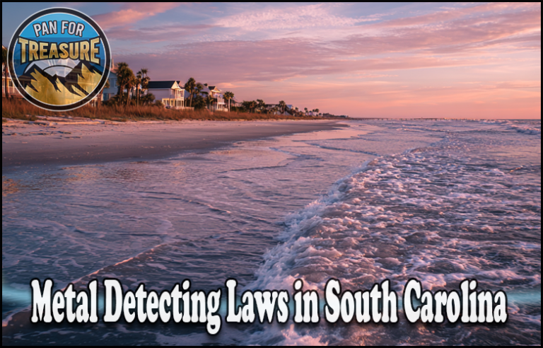 A beach at sunset with houses and palm trees, featuring a "Pan for Treasure" logo and the text "Metal Detecting Laws in South Carolina," highlights important details about South Carolina historical artifact laws and metal detecting restrictions SC.