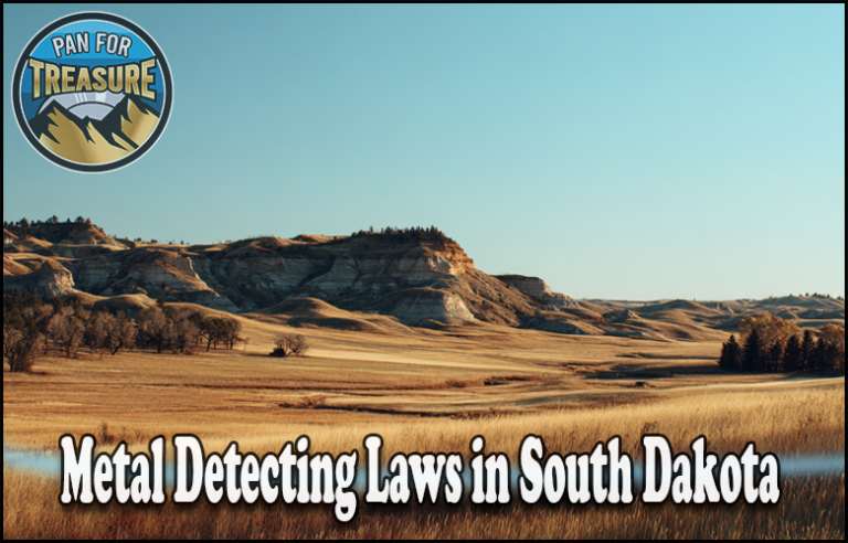 A landscape of open plains and hills under a clear sky with the text "Metal Detecting Laws in South Dakota" and a “Pan for Treasure” logo, highlighting South Dakota Metal Detecting Guidelines for hobbyists.