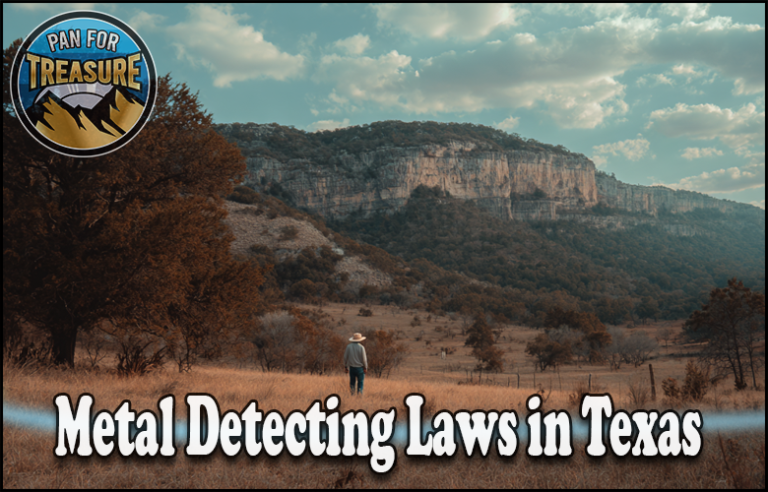 A person in a cowboy hat stands in a grassy field with hills in the background; text reads "Rules for metal detecting in Texas.