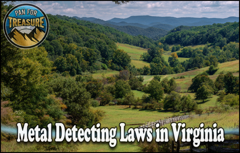 A scenic view of a rolling, tree-covered landscape in Virginia features the text "Metal Detecting Laws in Virginia," highlighting important metal detecting rules and regulations, alongside a "Pan for Treasure" logo.