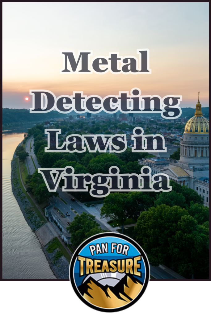 A cityscape at sunset highlights the text "Metal Detecting Laws in Virginia," with a "Pan For Treasure" logo at the bottom, providing insight into Metal detecting laws VA and local regulations.