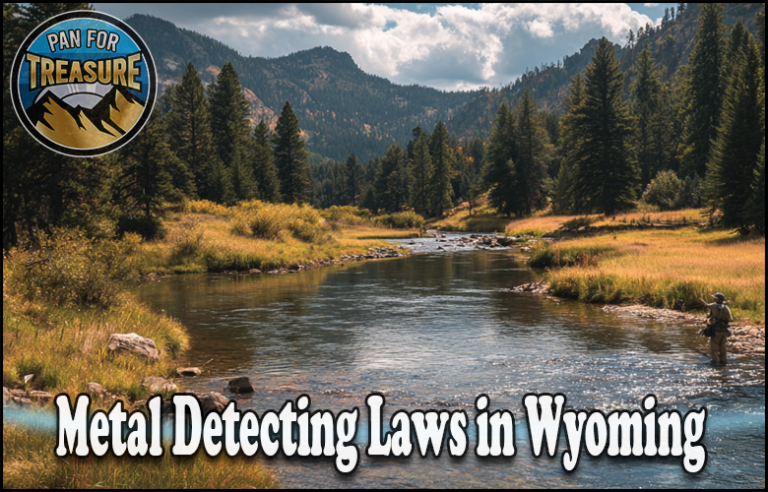 A person stands in a river surrounded by trees and mountains, with the text "Metal Detecting Laws in Wyoming" highlighting metal detecting restrictions Wyoming and a "Pan for Treasure" logo in the corner.