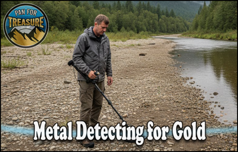 A man uses a metal detector along a rocky riverbank, surrounded by trees, with the text "Metal Detecting for Gold" featured prominently and a "Pan for Treasure" logo.