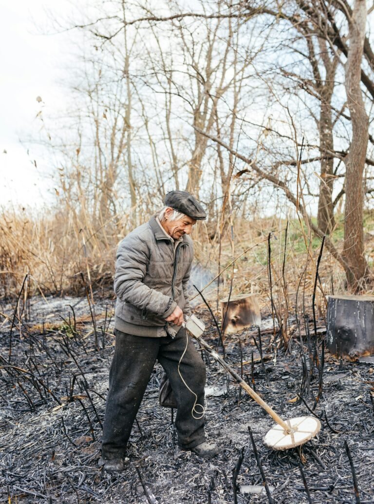 A man in outdoor clothing uses a metal detector in a burnt, barren area surrounded by leafless trees and charred vegetation, capturing the spirit of metal detecting in historic mining areas.