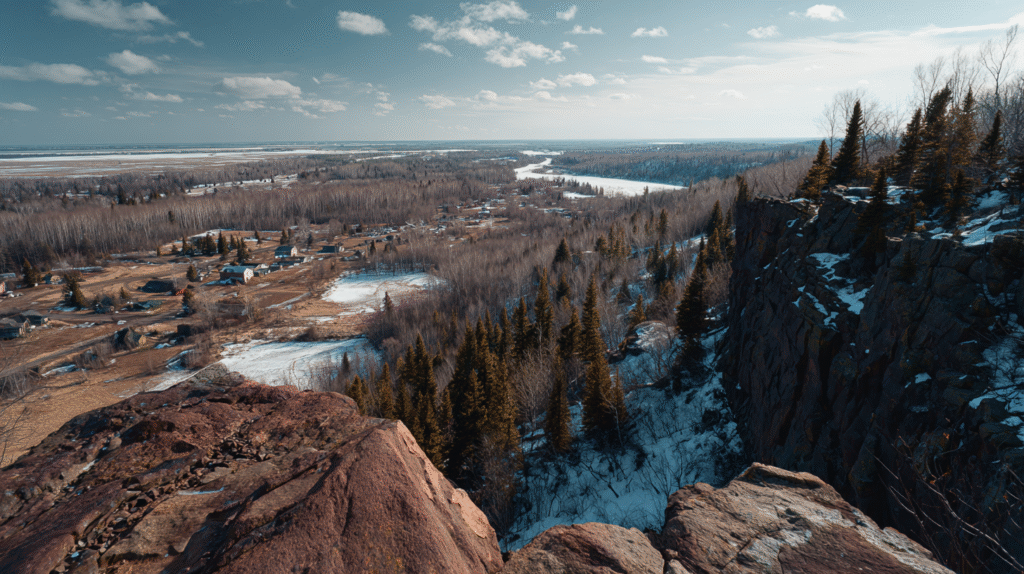 Rocky cliff edge overlooking a rural Minnesota landscape with scattered houses, leafless trees, patches of snow, and a river winding through the scene under a partly cloudy sky-making one wonder, is there gold in Minnesota?.