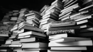 Stacks of books, including Gold Panning Books, are piled high in various directions, creating an organized but crowded arrangement.