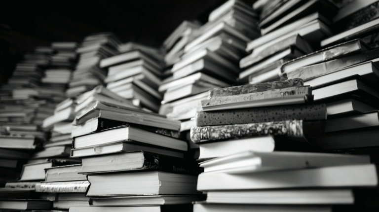 Stacks of books, including Gold Panning Books, are piled high in various directions, creating an organized but crowded arrangement.
