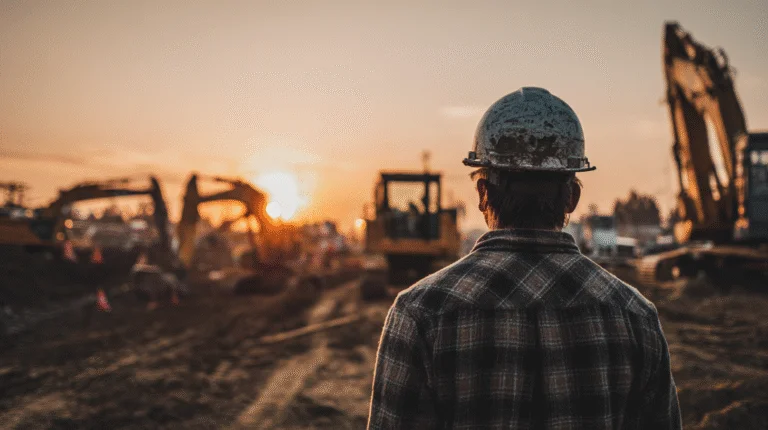 A construction worker in a hard hat stands on a muddy job site at sunset, with excavators and equipment—plus signs noting Gold Panning Permits—visible in the background.