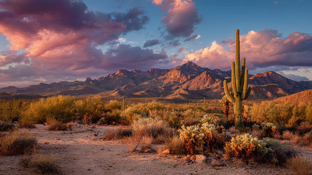 Desert landscape with various cacti and shrubs in the foreground, mountains in the distance, and a colorful sky with scattered clouds at sunset-making you wonder, is there gold in Arizona?.