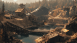 A rustic mining site with wooden buildings, conveyor belts, and a river winding through a forested, rocky landscape under a hazy sky operates under a "finders,keepers" policy.