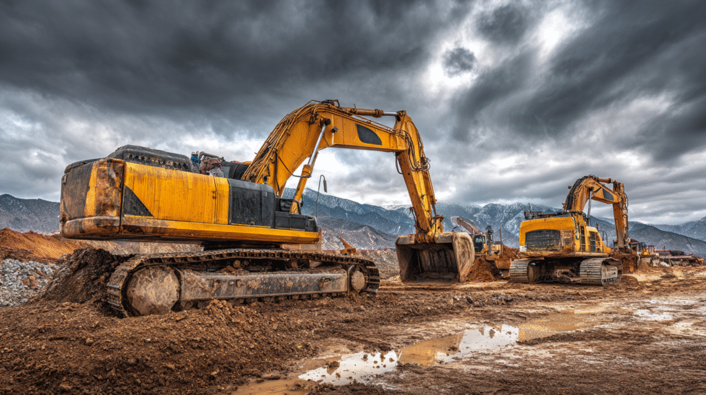 Two large yellow excavators, used in permitting for gold mining, are parked on muddy ground at a construction site, with mountains and dark, cloudy skies in the background.