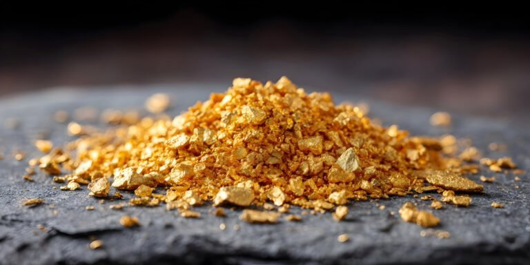 A pile of raw gold flakes and nuggets from placer gold deposits sits on a dark stone surface, with a blurred background.