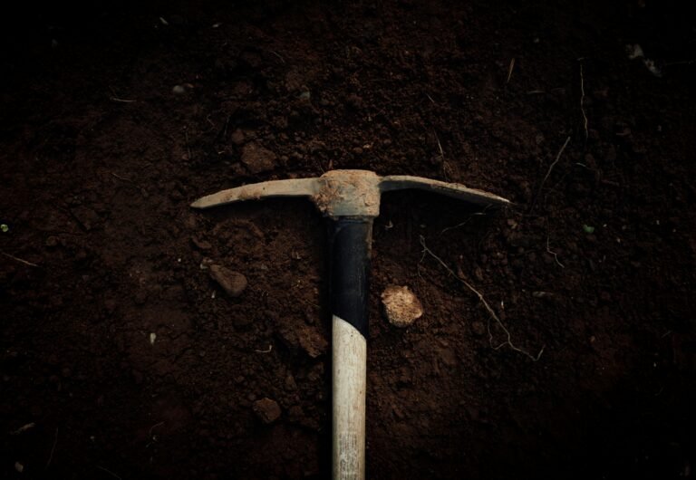 Prospecting 101 A pickaxe with a wooden handle lies on dark, freshly turned soil—an essential tool for any Prospecting 101 adventure.
