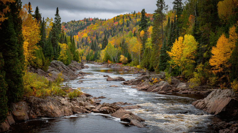 A river flows through a rocky landscape surrounded by dense forest, its autumn foliage in shades of green, yellow, and red—an ideal scene for Motherlode Expeditions under a cloudy sky.