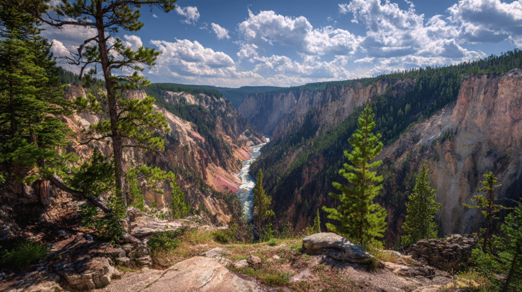 A river flows through a deep canyon with steep, rocky cliffs and dense pine trees under a partly cloudy sky, recalling the untouched beauty often encountered while prospecting in National Parks.
