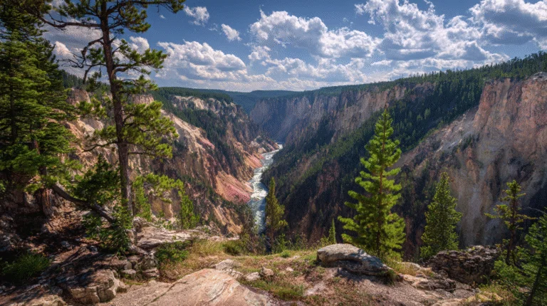 A river flows through a deep canyon with steep, rocky cliffs and dense pine trees under a partly cloudy sky, recalling the untouched beauty often encountered while prospecting in National Parks.