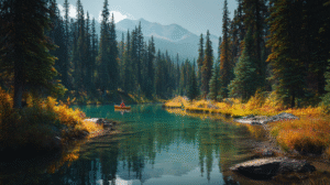 A person paddles a red canoe on a calm, clear lake surrounded by evergreen trees and mountains under a partly cloudy sky, showcasing the beauty and importance of habitat protection.