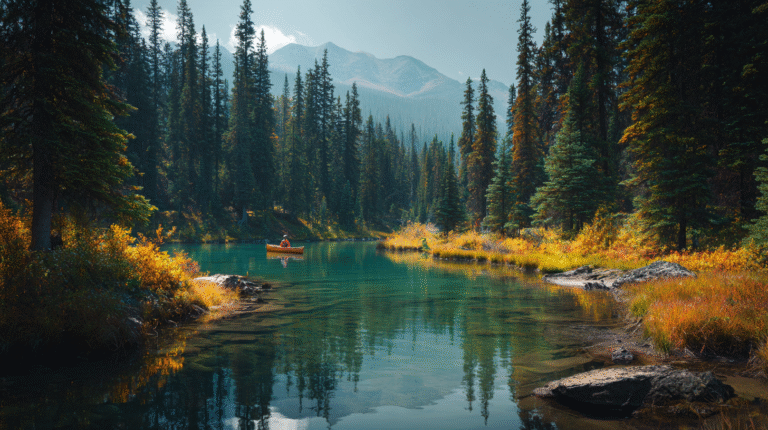 A person paddles a red canoe on a calm, clear lake surrounded by evergreen trees and mountains under a partly cloudy sky, showcasing the beauty and importance of habitat protection.