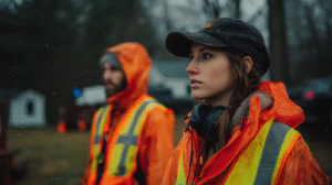 Two people in orange safety vests and rain gear, prioritizing gold panning safety, stand outdoors in wet weather—one in focus with headphones around her neck, the other blurred in the background.