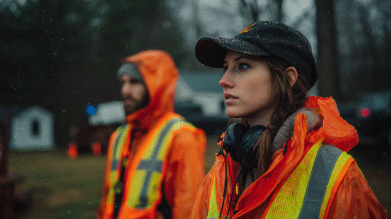 Two people in orange safety vests and rain gear, prioritizing gold panning safety, stand outdoors in wet weather—one in focus with headphones around her neck, the other blurred in the background.