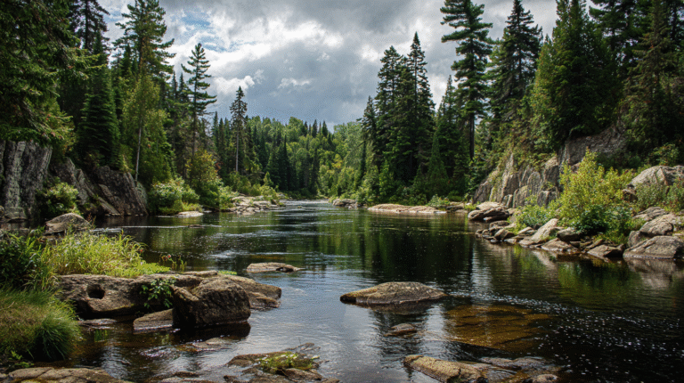 A calm river flows between rocky banks and dense evergreen trees under a partly cloudy sky, reflecting the positive impact of ongoing conservation efforts in this peaceful forest landscape.