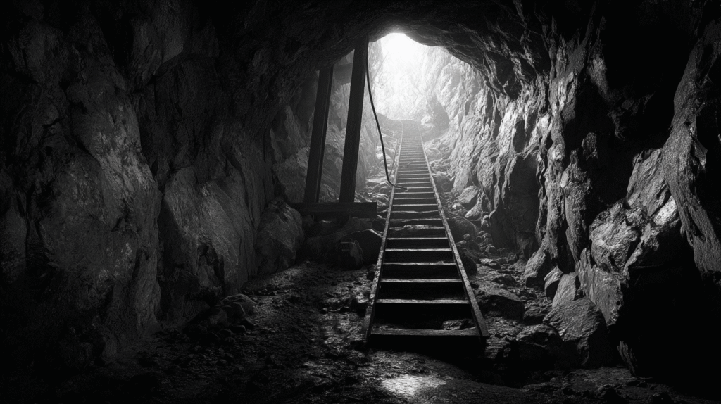 A wooden staircase leads upward through a dark, rocky cave toward a bright light at the entrance, inviting thoughts about how deep gold is usually found in ancient mining tunnels.