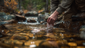 A person in outdoor clothing crouches by a clear stream, cupping their hand to collect water, surrounded by rocks and forest—a scene reminiscent of sustainable gold prospecting in harmony with nature.