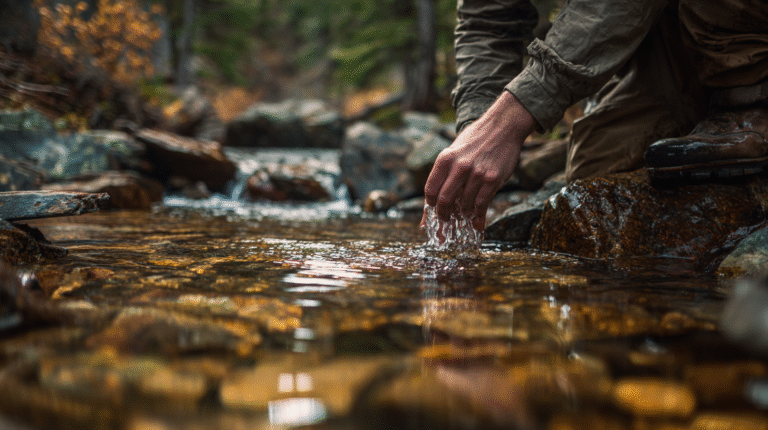 A person in outdoor clothing crouches by a clear stream, cupping their hand to collect water, surrounded by rocks and forest—a scene reminiscent of sustainable gold prospecting in harmony with nature.