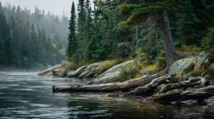 A calm river flows past rocky shores and dense evergreen forest under a misty, overcast sky, inviting visitors to embrace Leave No Trace Principles while exploring this serene landscape.