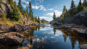 A calm river flows between rocky banks and pine trees under a blue sky with scattered clouds, reflecting the landscape in the water—an ideal spot for responsible gold panning that preserves the serene beauty of nature.