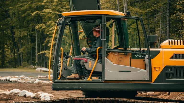 A person operates a yellow construction excavator outdoors, surrounded by trees and rocks, with the cabin door open, ensuring compliance with environmental regulations.